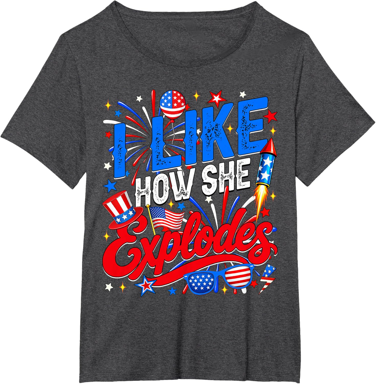 4th of July I Like How She Explodes Couple Matching He Bangs T-Shirt - Dark Heather Grey