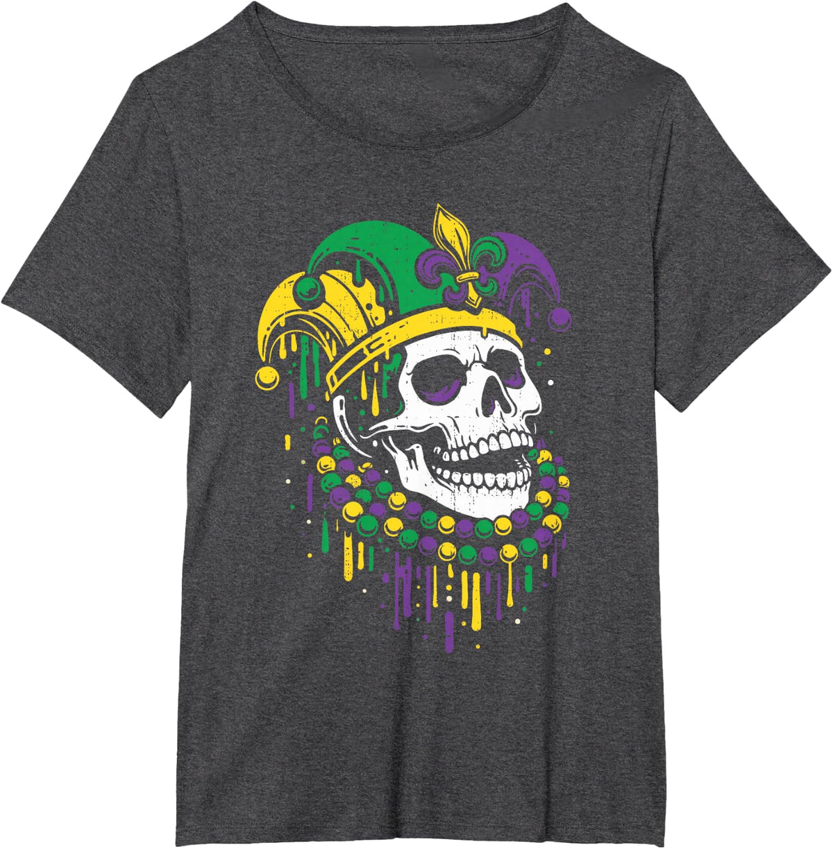 Mens Mardi Gras Carnival Dripping Skull Jester Beads Boys T-Shirt - Dark Heather Grey