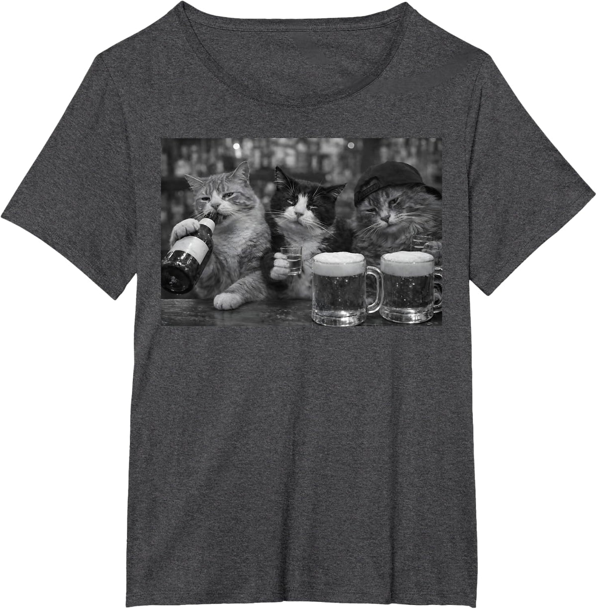 Funny Drinking Cats at Bar White Black Vintage Beer Kitten T-Shirt - Dark Heather Grey