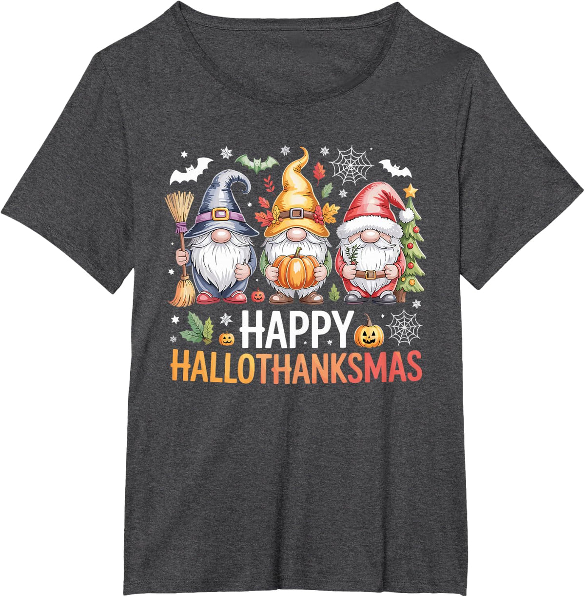 Happy Hallothanksmas Gnomes Halloween Christmas T-Shirt - Dark Heather Grey