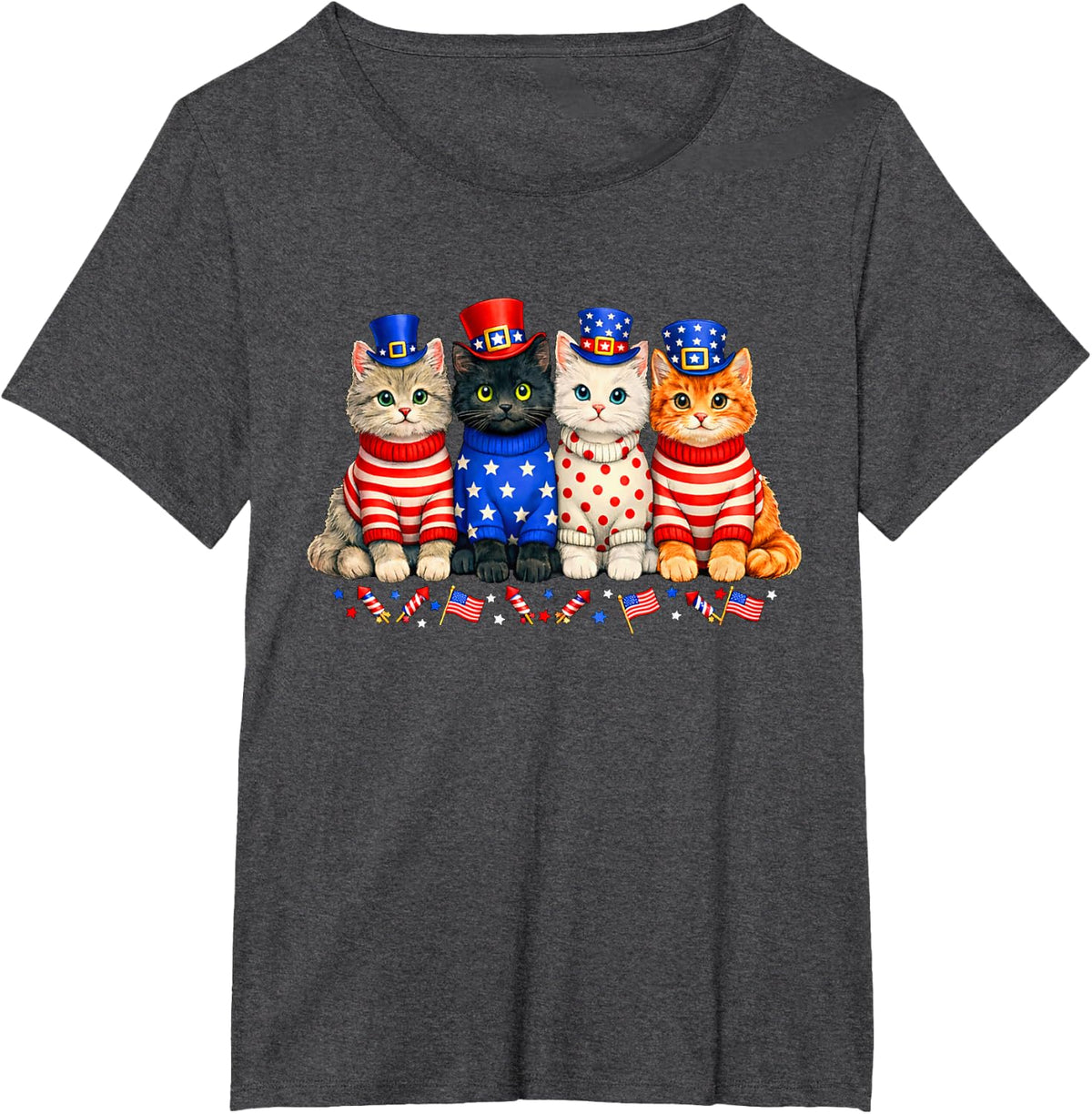 4th of July Patriotic Cats Flags Fireworks Independence Day T-Shirt - Dark Heather Grey