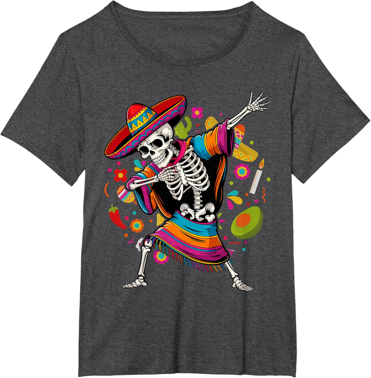 Dabbing Skeleton Sombrero Poncho Cinco De Mayo Mexican Party T-Shirt - Dark Heather Grey