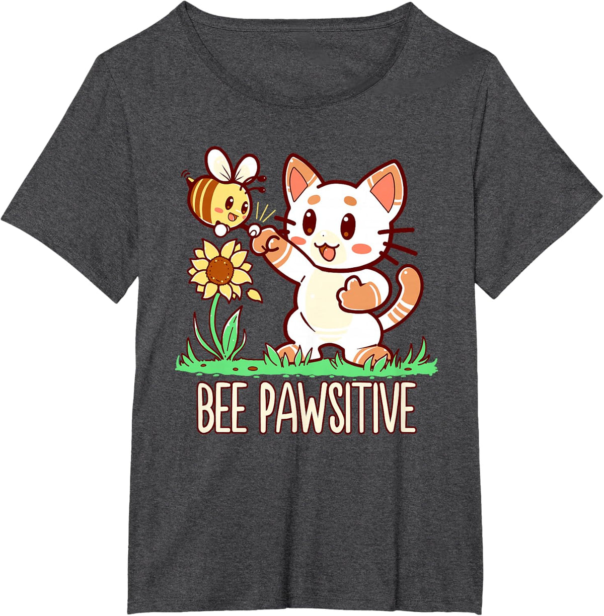 Bee Pawsitive Cat and Bumble Bee Pun T-Shirt - Dark Heather Grey