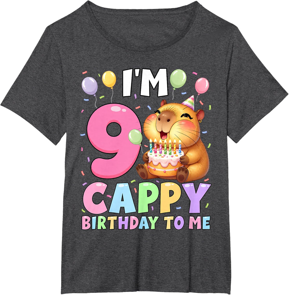Kawaii Girl Capybara 9th Birthday to Me Balloons Capy Cake Tee T-Shirt - Dark Heather Grey