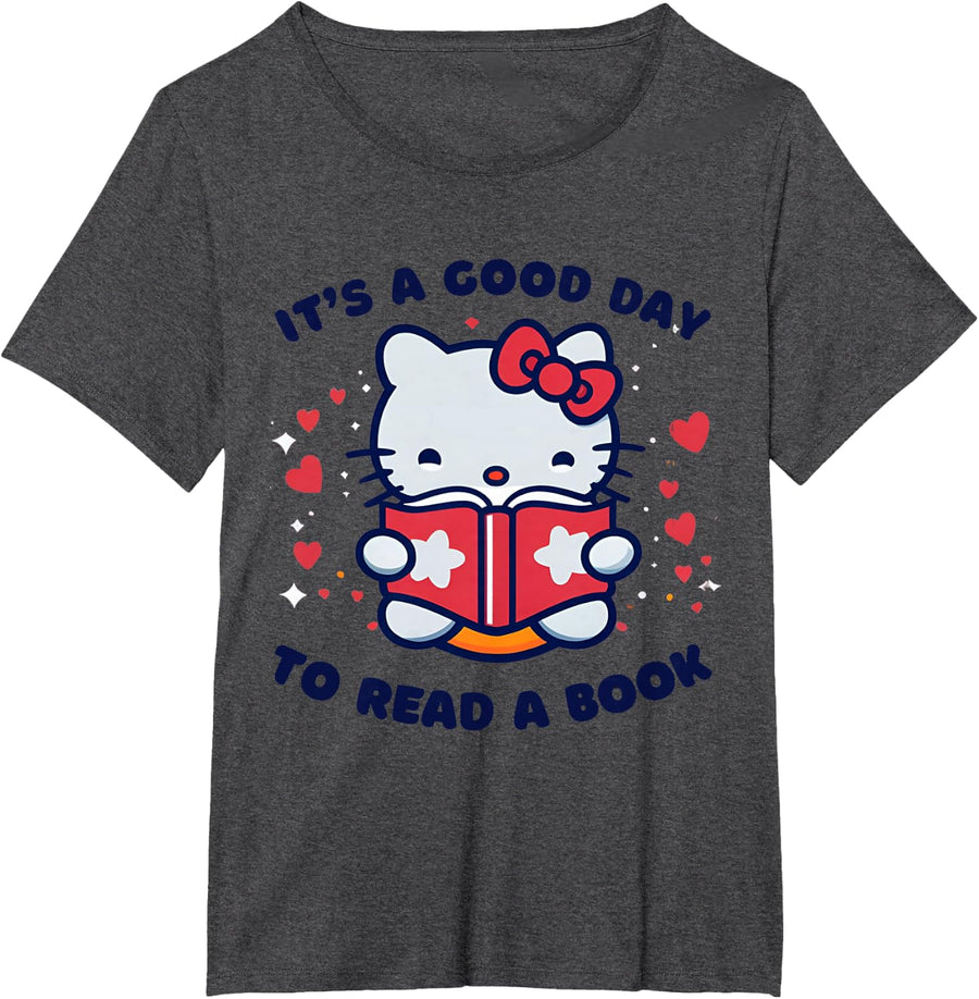 It's a Good Day to Read a Book Cute Cat Book Day Girls Boys T-Shirt - Dark Heather Grey
