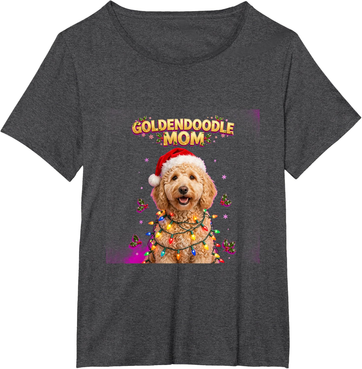 Merry Christmas Goldendoodle Mom Tree Holly Festive Holiday T-Shirt - Dark Heather Grey