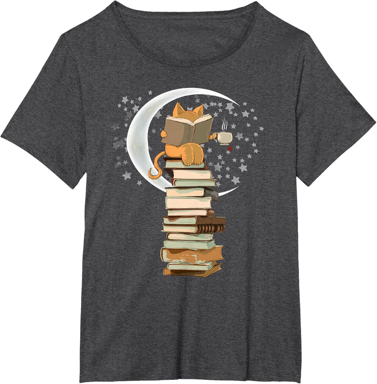 Kawaii Reading by moonlight, books, coffee and cute cat T-Shirt - Dark Heather Grey