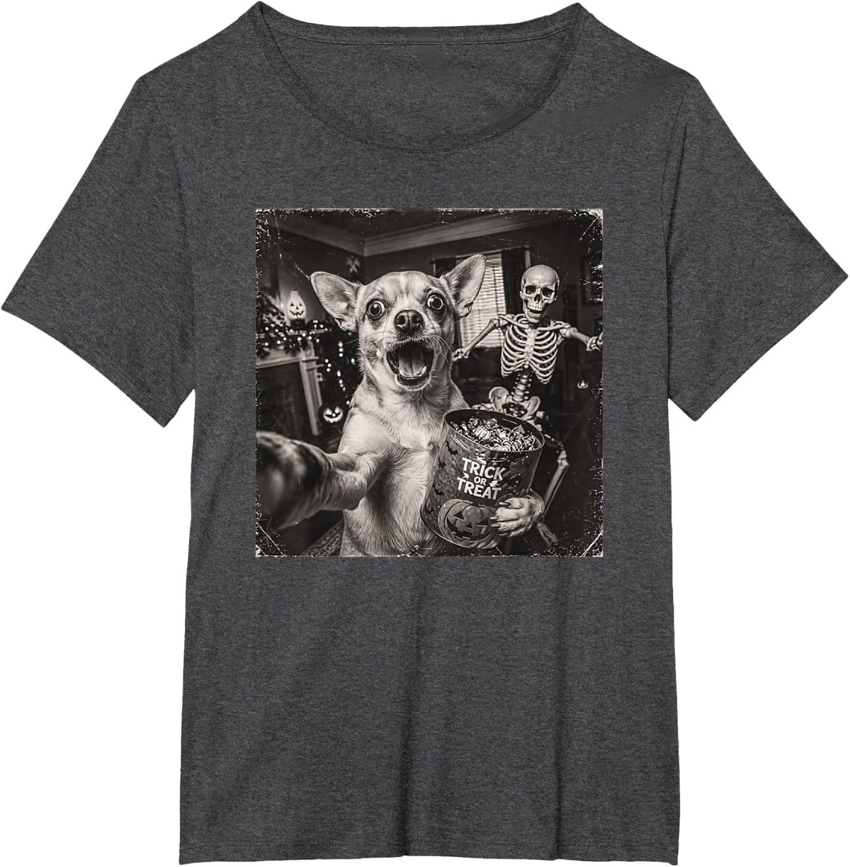 Halloween Chihuahua Selfie Scary Skeleton Dog Lover Spooky T-Shirt - Dark Heather Grey