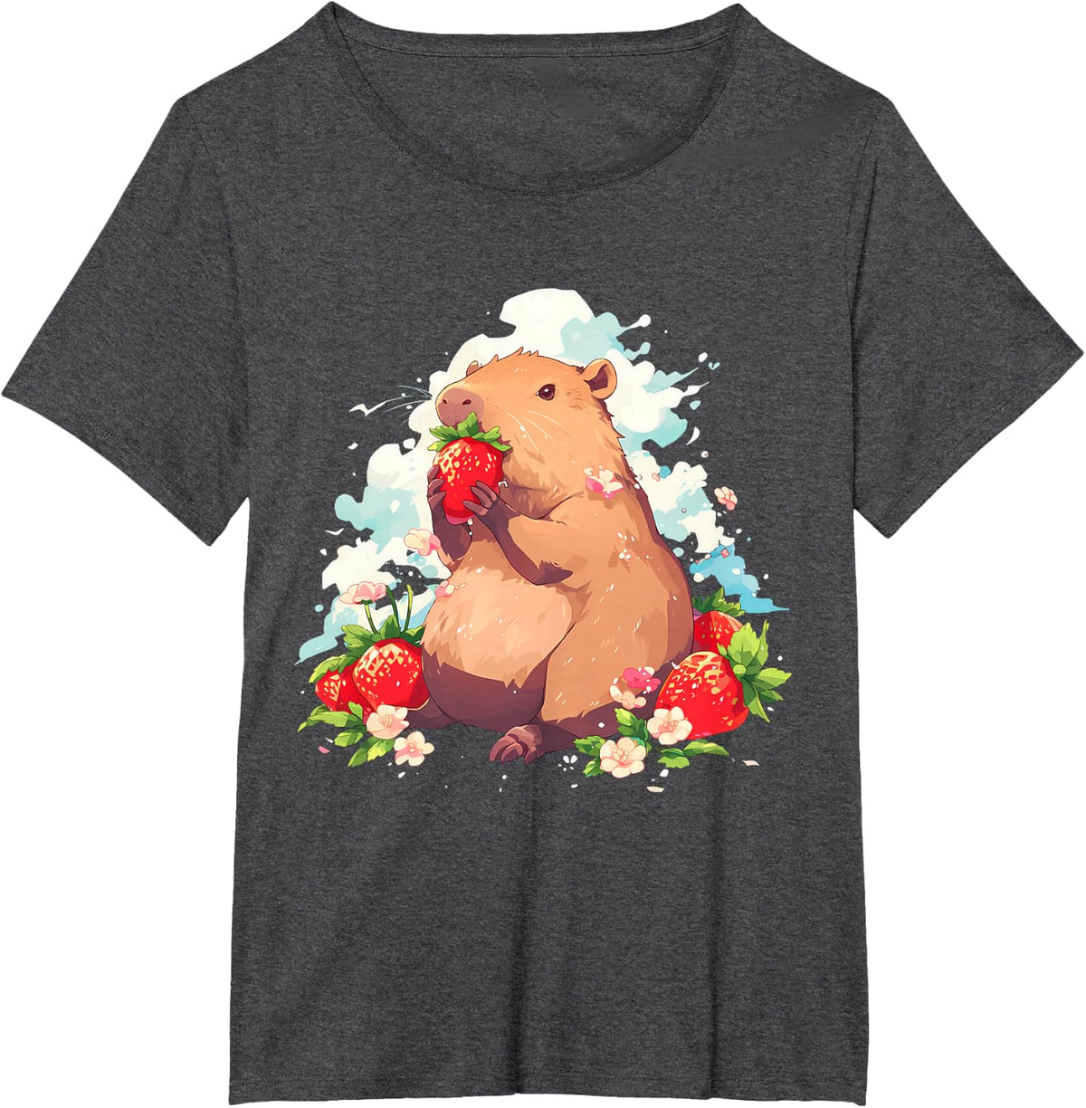 Strawberry Capybara Watercolor Cute Capybara Strawberries T-Shirt - Dark Heather Grey