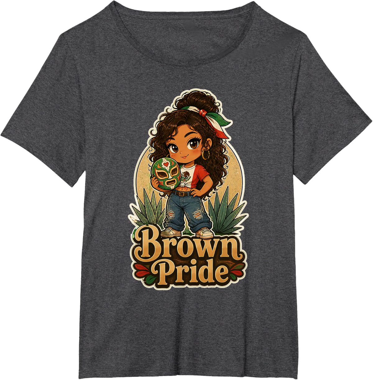 Brown Pride Chicana Chola Chibi Girl Hispanic Heritage Month T-Shirt - Dark Heather Grey