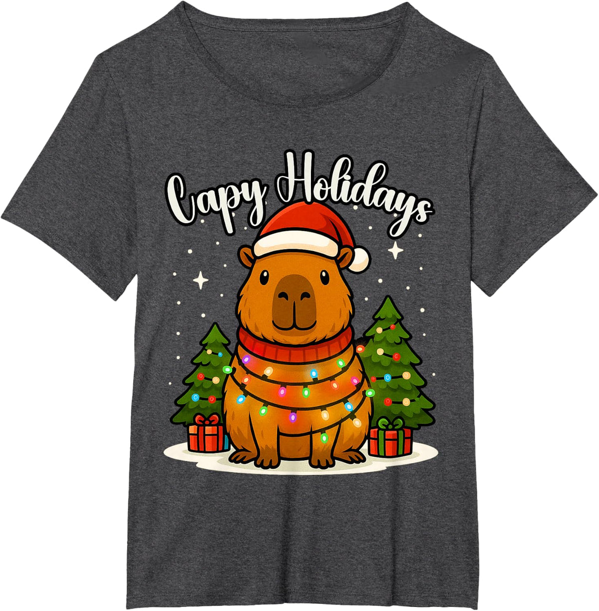 Capy Holidays Capybara Santa Hat Xmas Lights Men Women Kids T-Shirt - Dark Heather Grey