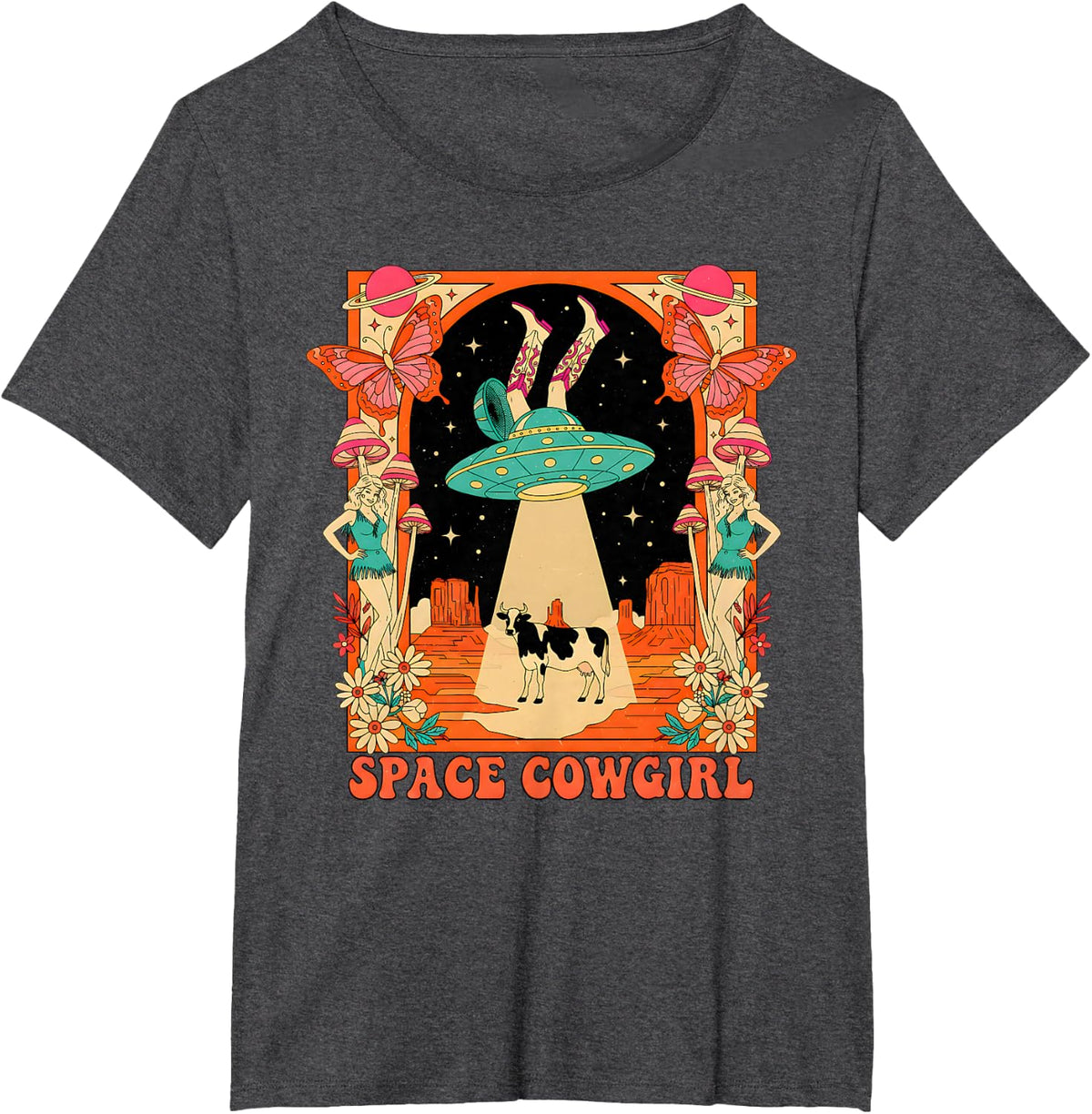 Space Cowgirl Alien UFO Rodeo Retro Funny T-Shirt - Dark Heather Grey