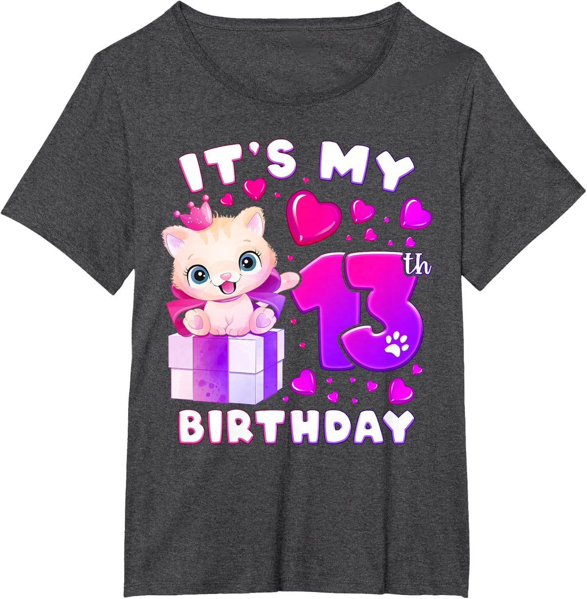 13th Birthday, Girl 13 Year, Cat, Number 13 T-Shirt - Dark Heather Grey