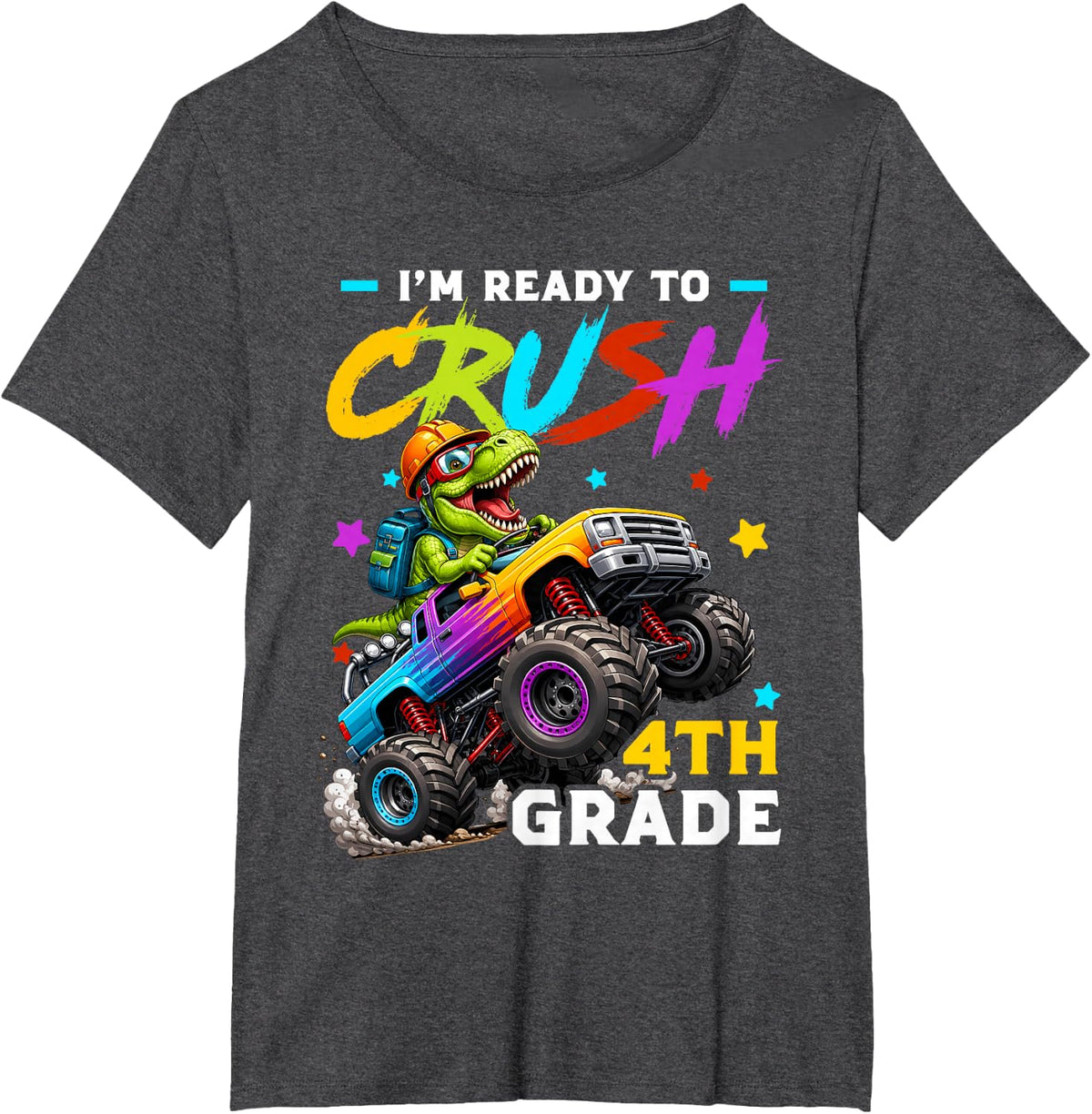 Ready to Crush 4th Grade Dinosaur Truck Back to School Boys T-Shirt - Dark Heather Grey