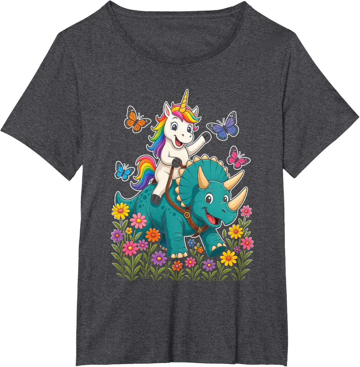 Triceratops Unicorn Riding Dinosaur Cute Rainbow Mane Kids T-Shirt - Dark Heather Grey