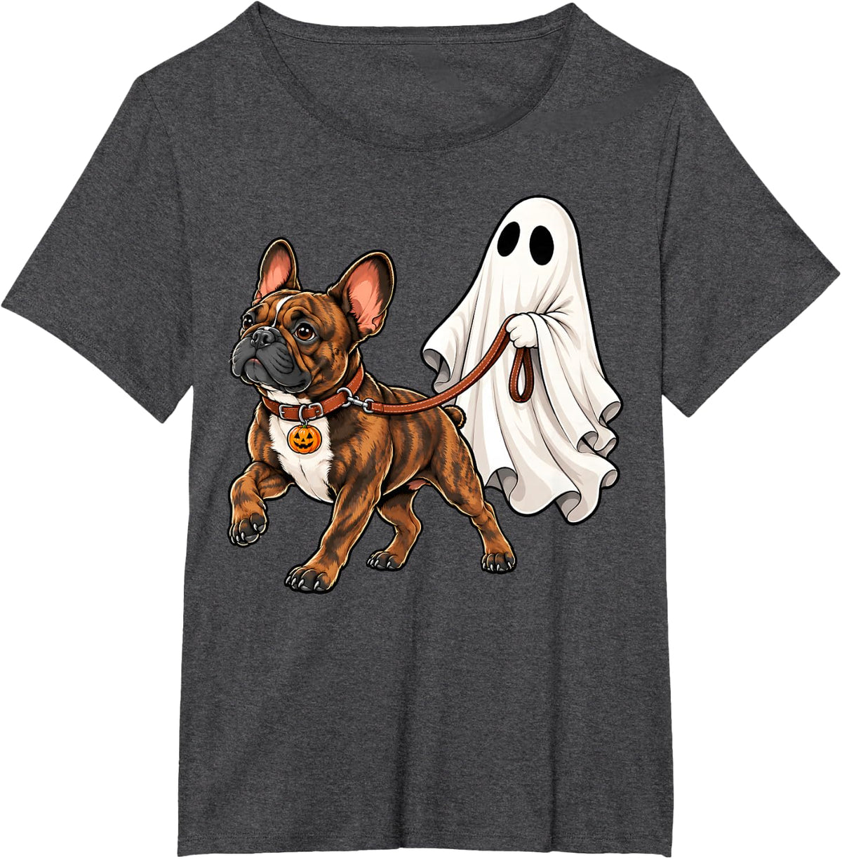 Spooky Ghost Walking French Bulldog Halloween Dog T-Shirt - Dark Heather Grey