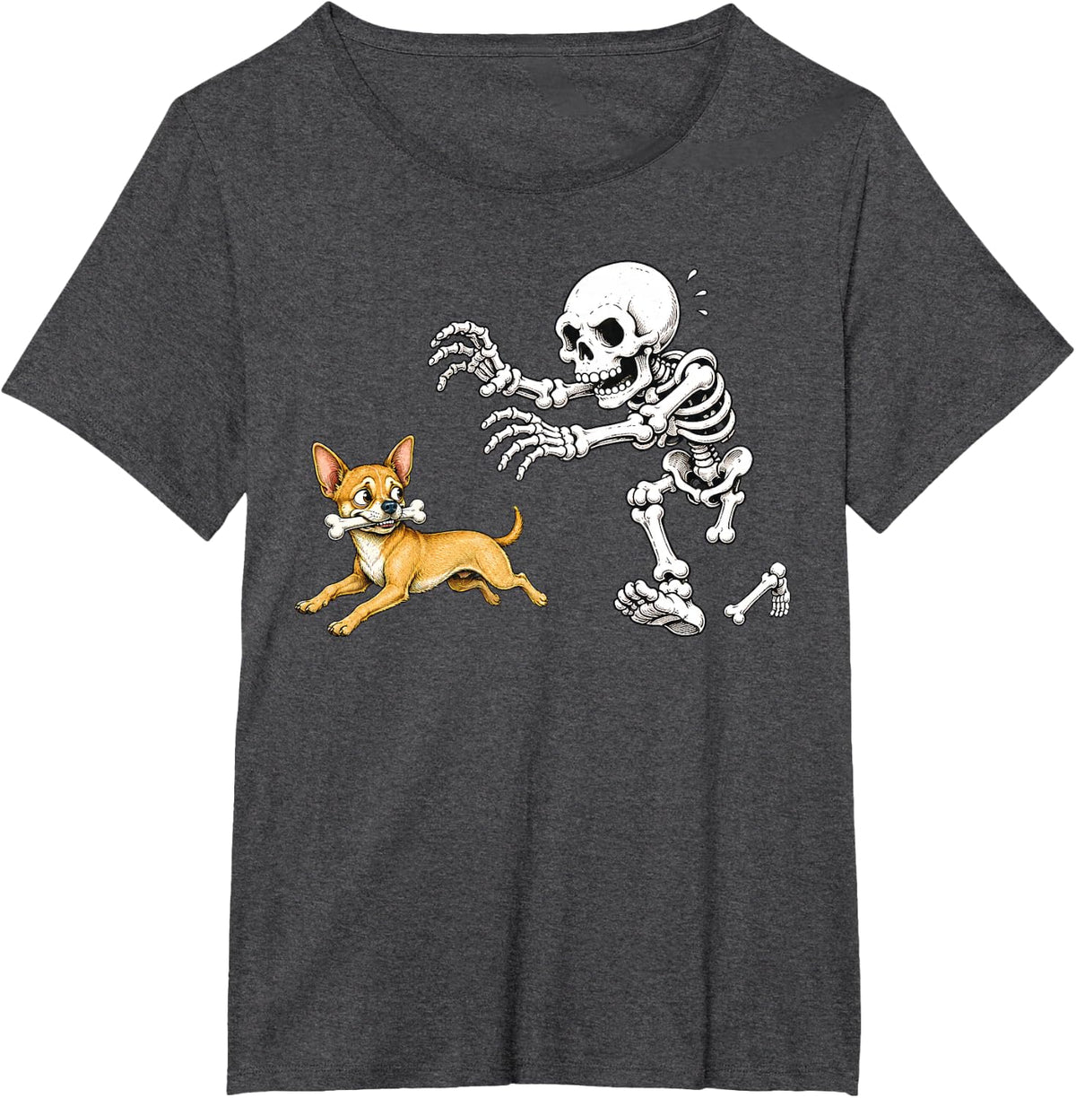 Chihuahua Dog Skeleton Bone Chase Funny Halloween Humor T-Shirt - Dark Heather Grey