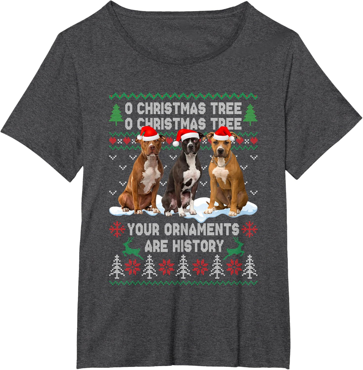 Cute Pitbull Dog Oh Christmas Tree Ugly Xmas T-Shirt Tee for Men Women - Dark Heather Grey