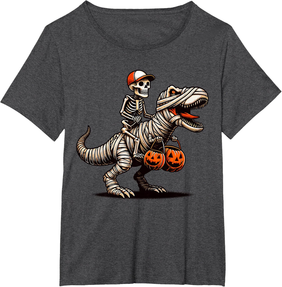 Skeleton Riding Mummy Dinosaur Pumpkin Halloween T-Shirt - Dark Heather Grey