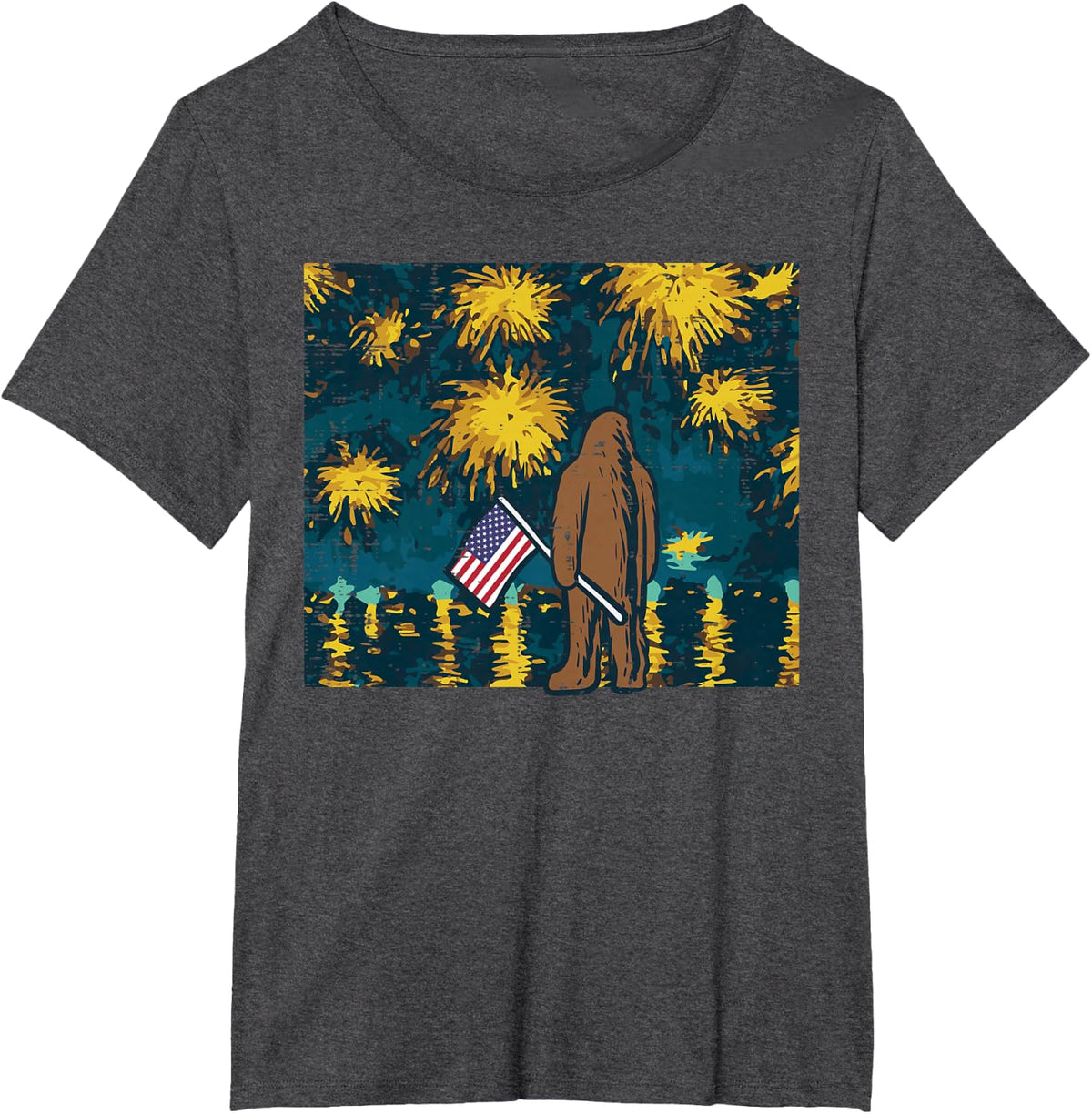 4th July Bigfoot Starry Night Firework Patriot Men Women Kid T-Shirt - Dark Heather Grey