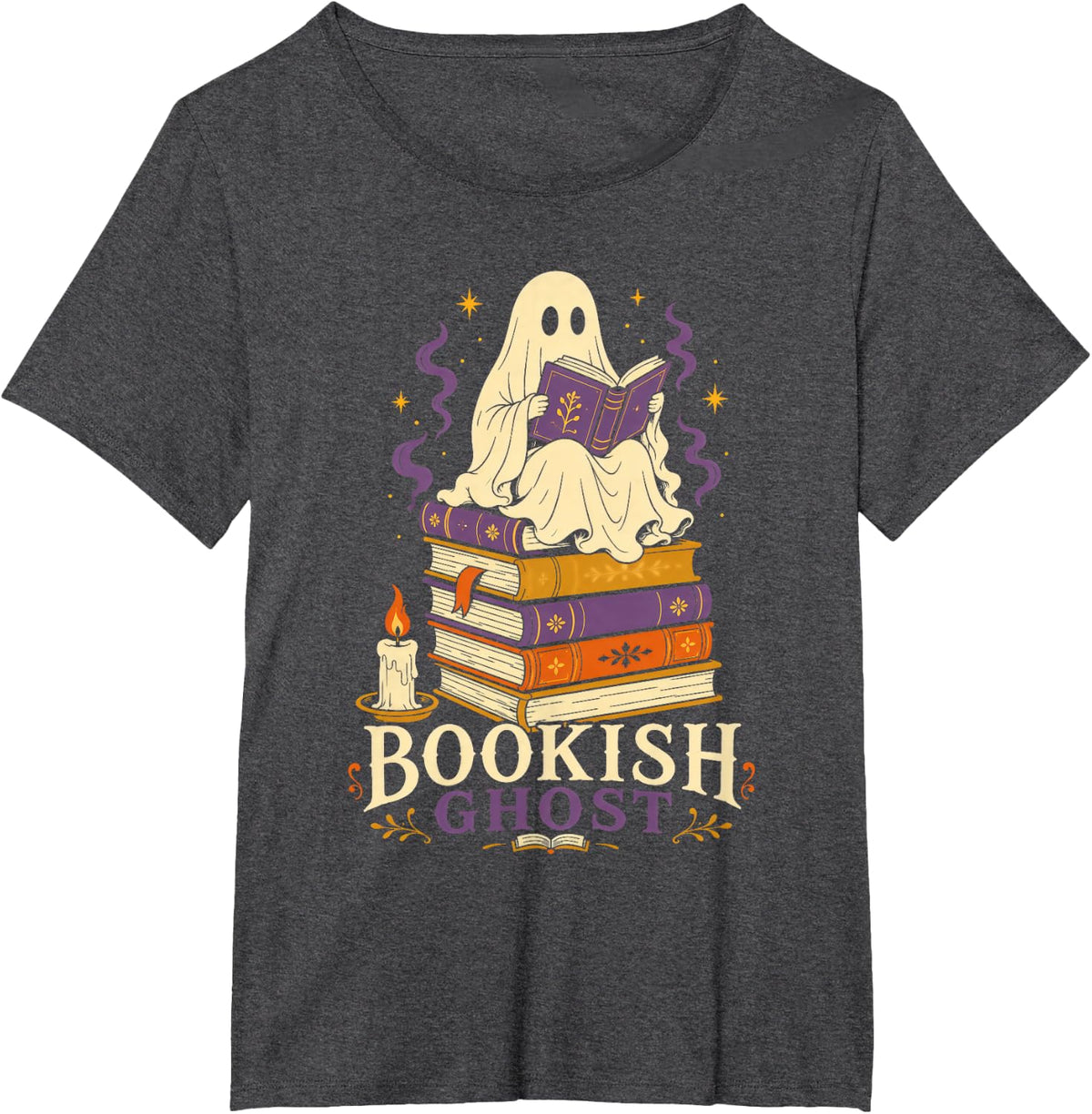 Bookish Ghost Cute Halloween for Book Lovers and Librarians T-Shirt - Dark Heather Grey