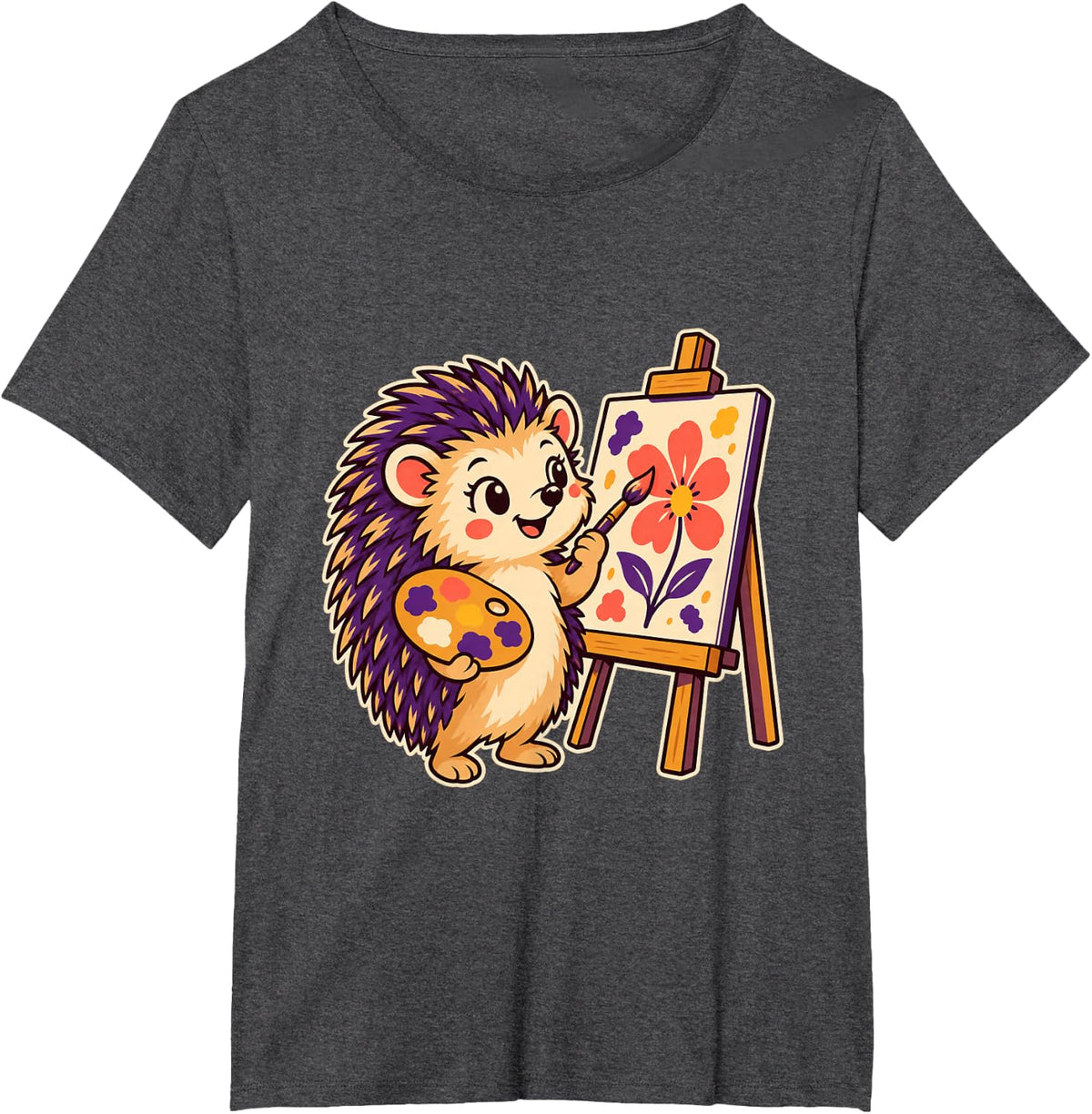 Hedgehog Painter Brush Palette Flower Art Design T-Shirt - Dark Heather Grey