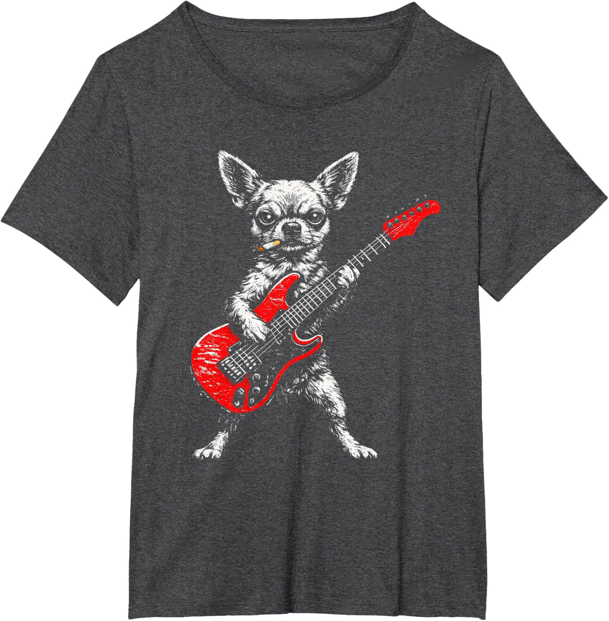 Smoking Dog Funny Chihuahua Meme Playing Guitar Rock T-Shirt - Dark Heather Grey