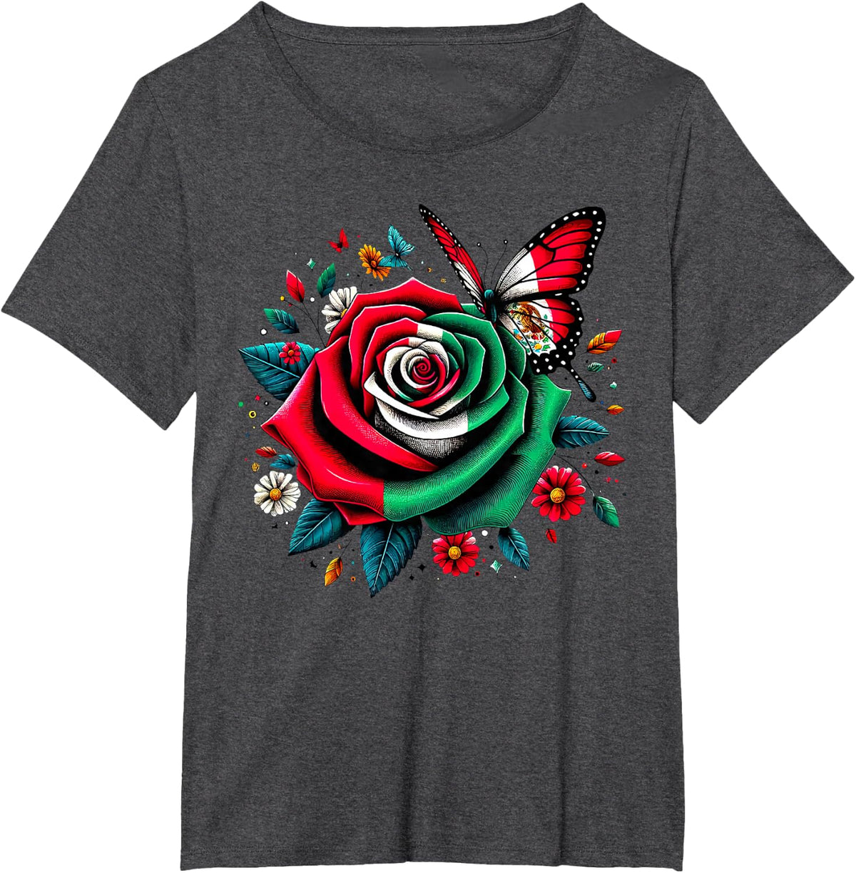 Rose Flower Mexican Flag Floral Butterfly Cinco De Mayo T-Shirt - Dark Heather Grey