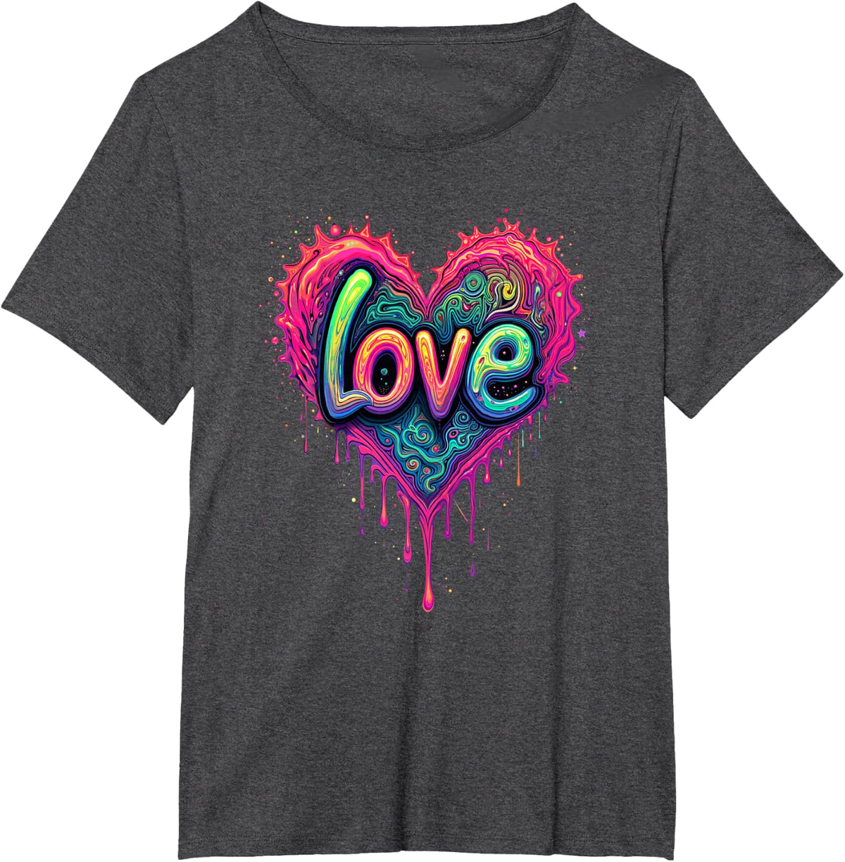 Psychedelic, Trippy, Black Light Heart Love Illustration T-Shirt - Dark Heather Grey