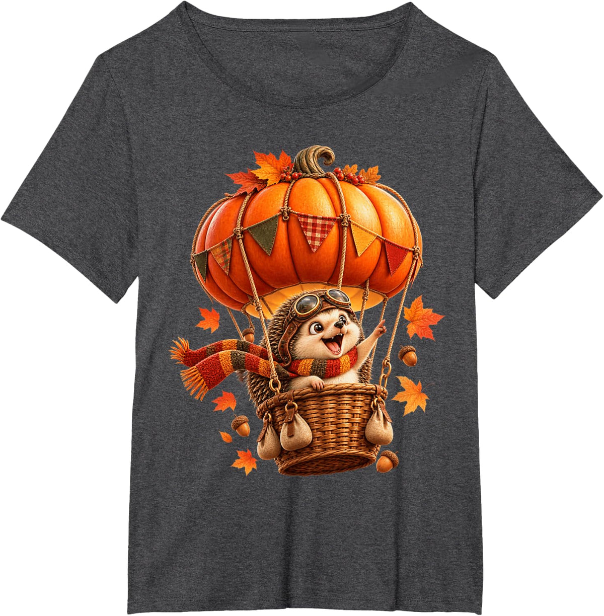 Cute Fall Hedgehog Riding Pumpkin Hot Air Balloon Autumn T-Shirt - Dark Heather Grey