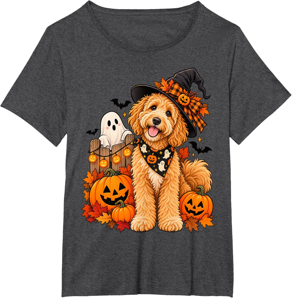 Cute Goldendoodle Halloween Witch Hat Fun Pumpkin Fall Lover T-Shirt - Dark Heather Grey