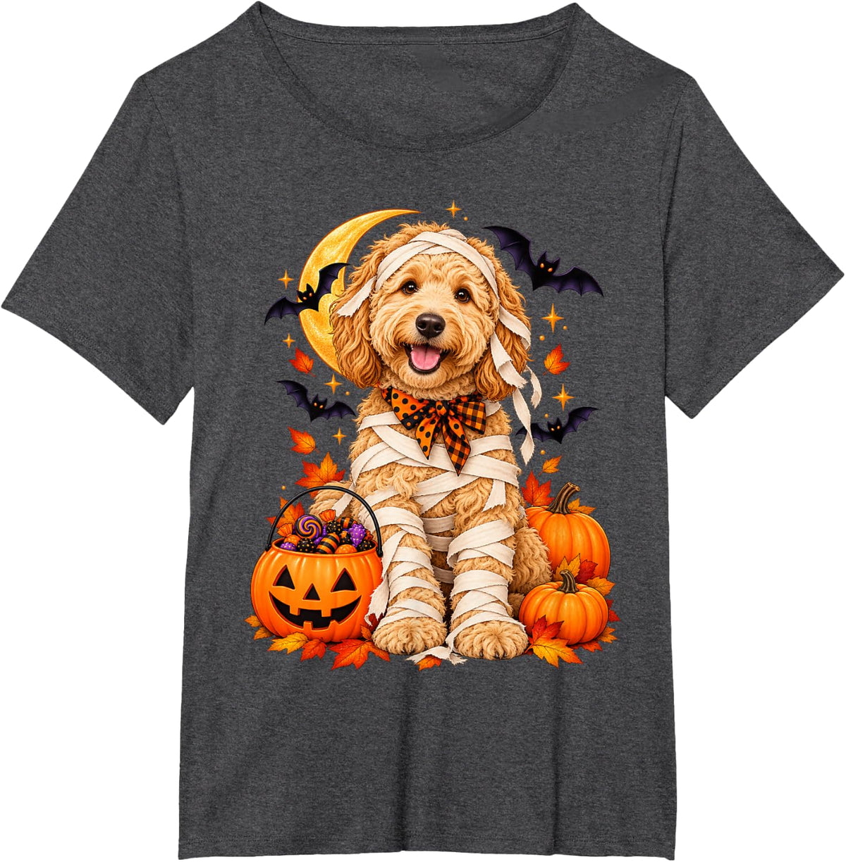 Cute Goldendoodle Halloween Witch Dog Pumpkin Fall Lover T-Shirt - Dark Heather Grey