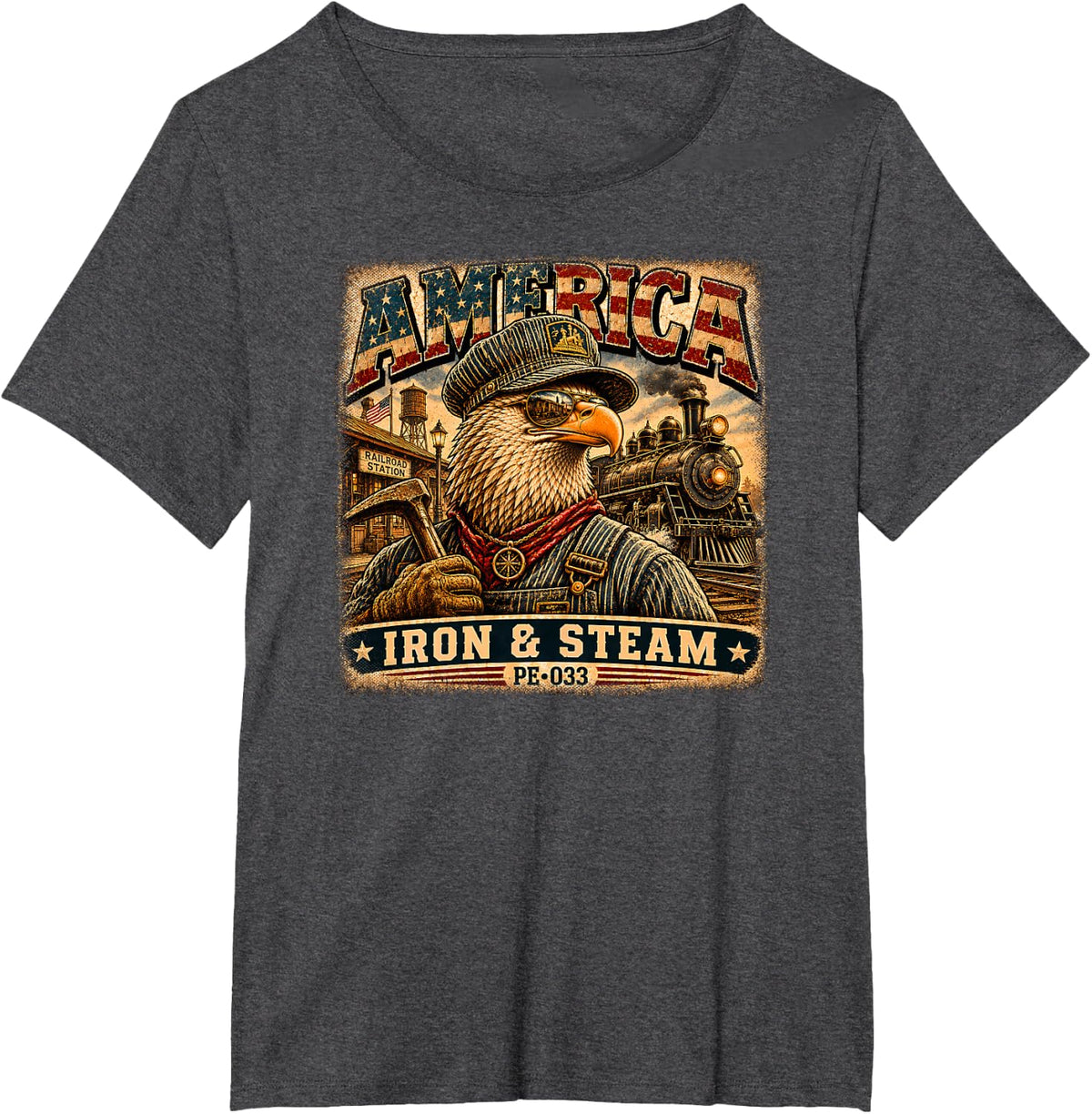 America | Iron and Steam | Vintage Eagle Railroad Engineer T-Shirt - Dark Heather Grey