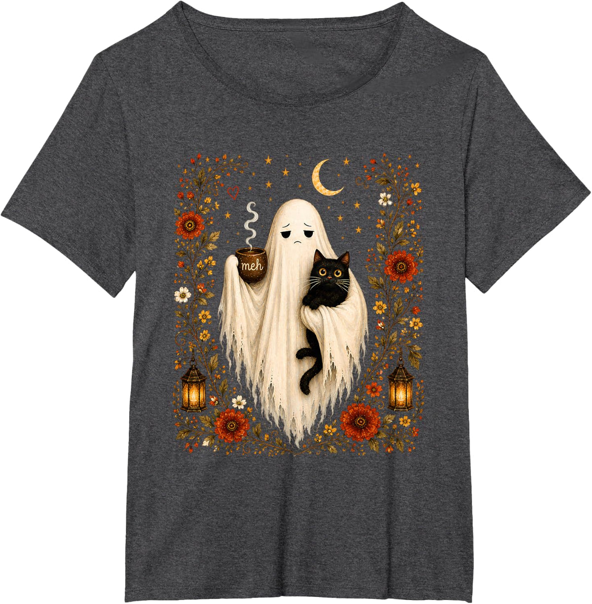Meh Ghost Black Cat Halloween Spooky Autumn Floral T-Shirt - Dark Heather Grey