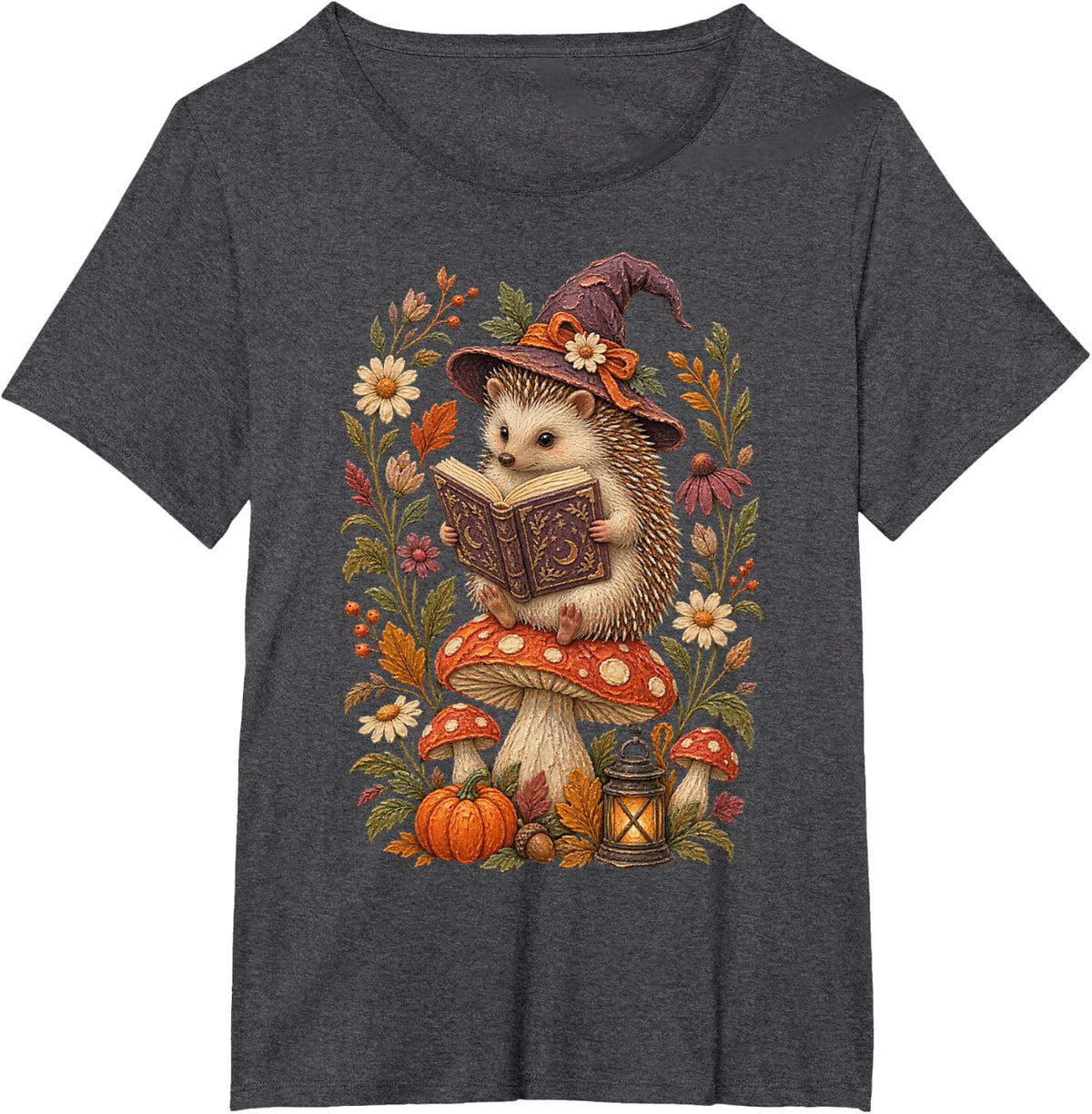 Chunky Paint Hedgehog Witch Reading Grimoire Mushroom Tee T-Shirt - Dark Heather Grey