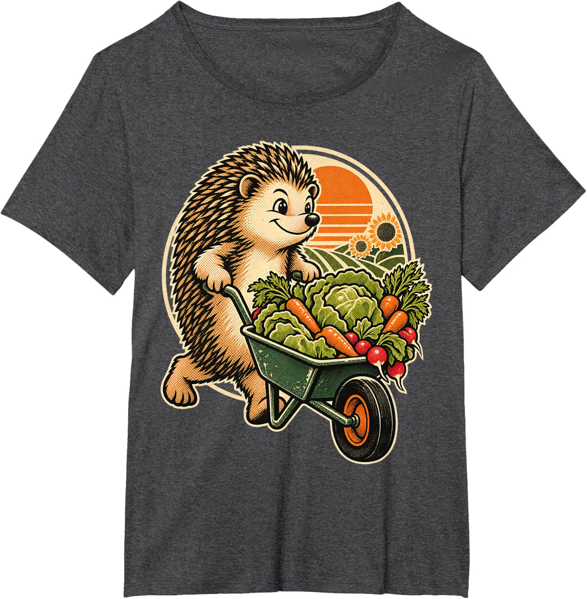 Gardening Hedgehog with Veggie Wheelbarrow T-Shirt - Dark Heather Grey