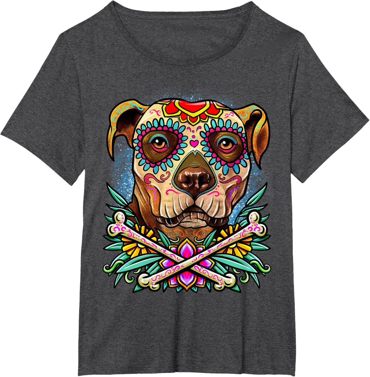 Pitbull Dog Day of the Dead La Catrina Sugar Skull Dog Mama T-Shirt Tee - Dark Heather Grey