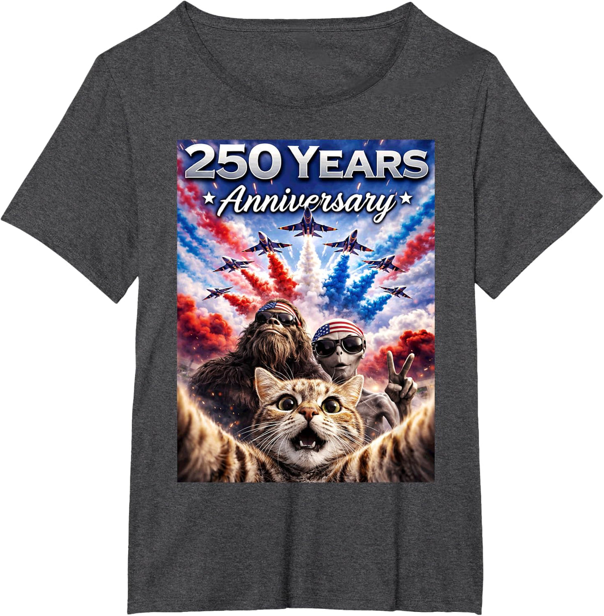 250 Years Cat Selfie Bigfoot and Alien American Flag T-Shirt - Dark Heather Grey