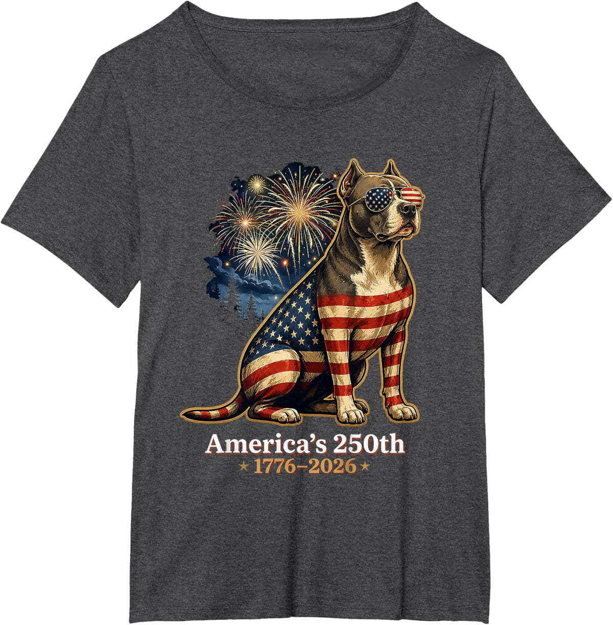 Pitbull America's 250th Anniversary 1776 2026 T-Shirt Tee for Dog Lovers - Dark Heather Grey