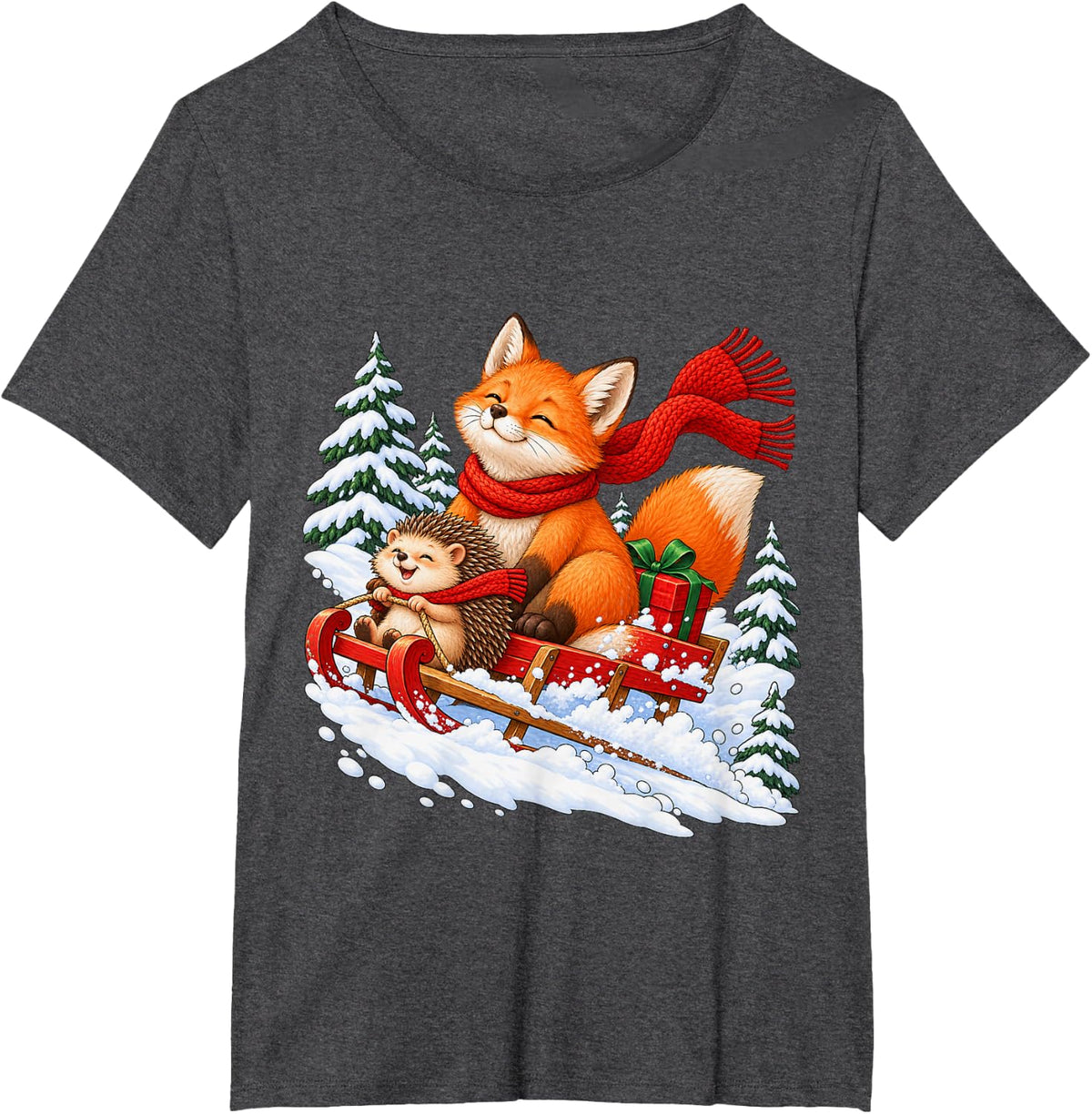 Christmas Fox and Hedgehog Aesthetic Cute Winter Animals Art T-Shirt - Dark Heather Grey