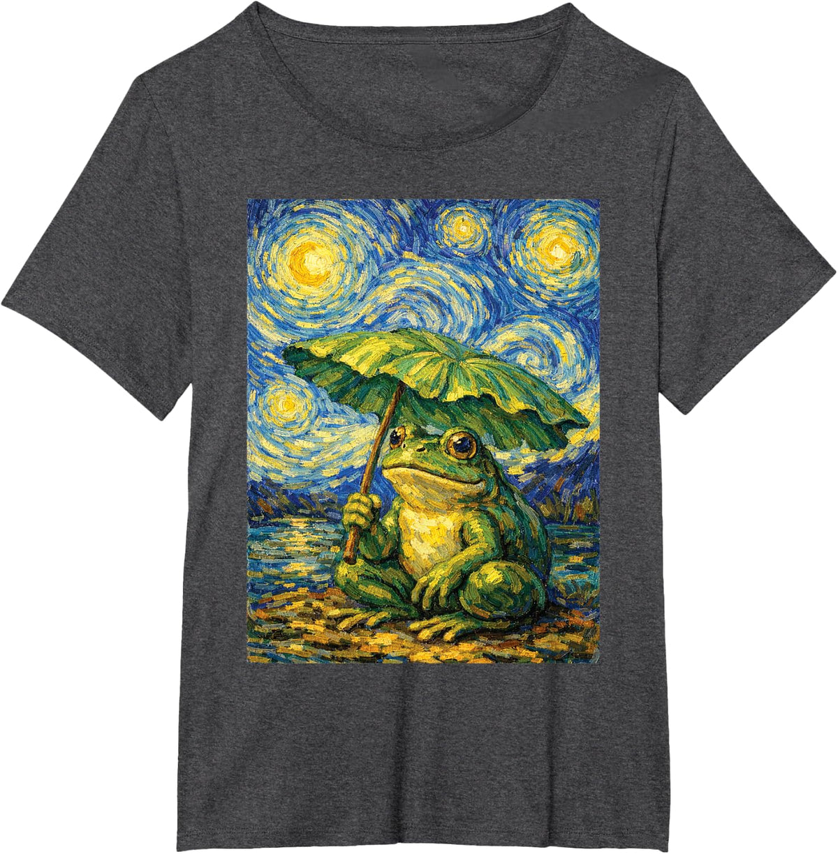 Starry Night Frog Umbrella Van Gogh Style Funny Art Tee T-Shirt Gift - Dark Heather Grey