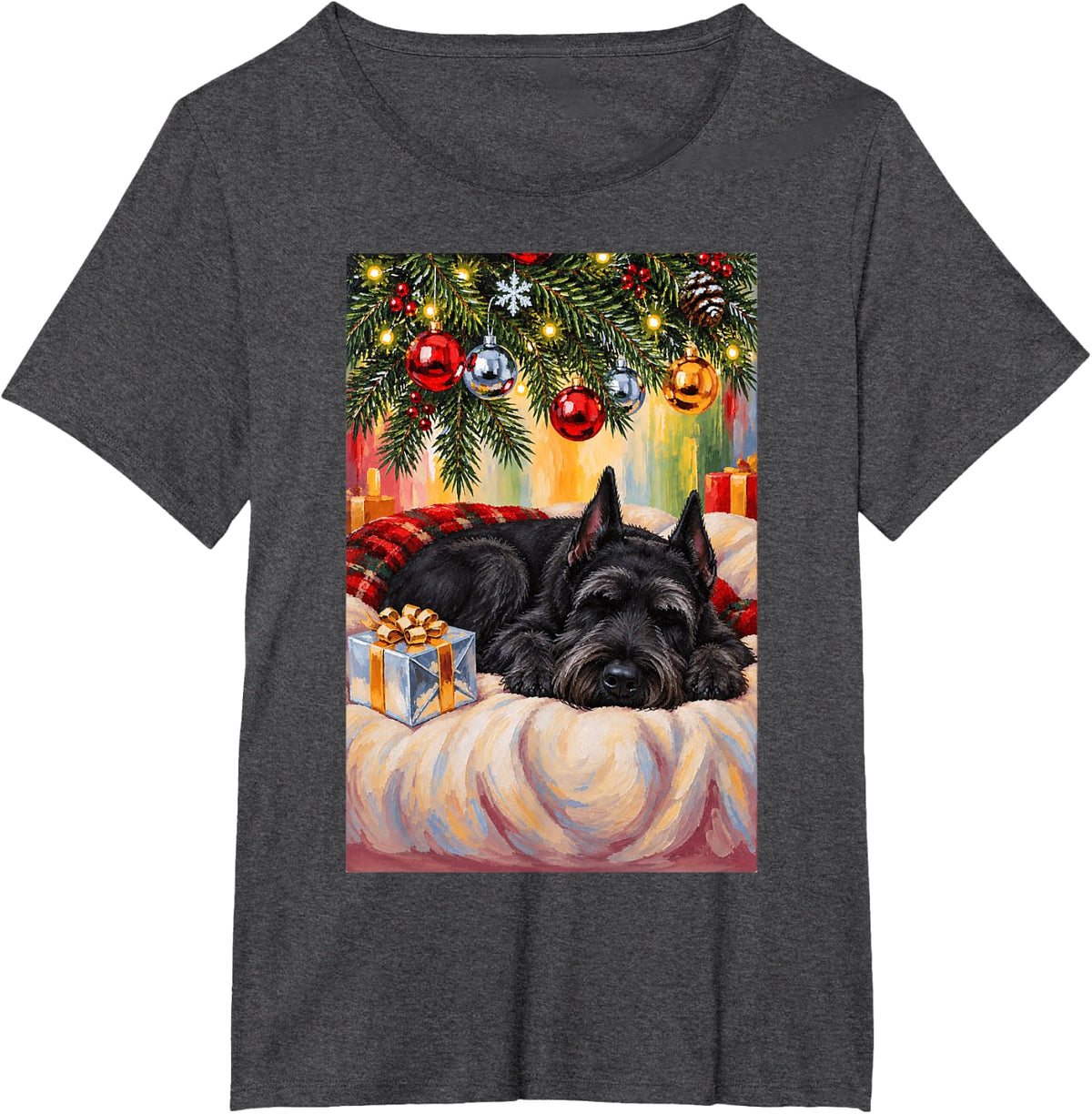 Funny Giant Schnauzer Dog Sleeping Christmas Tree T-Shirt - Dark Heather Grey