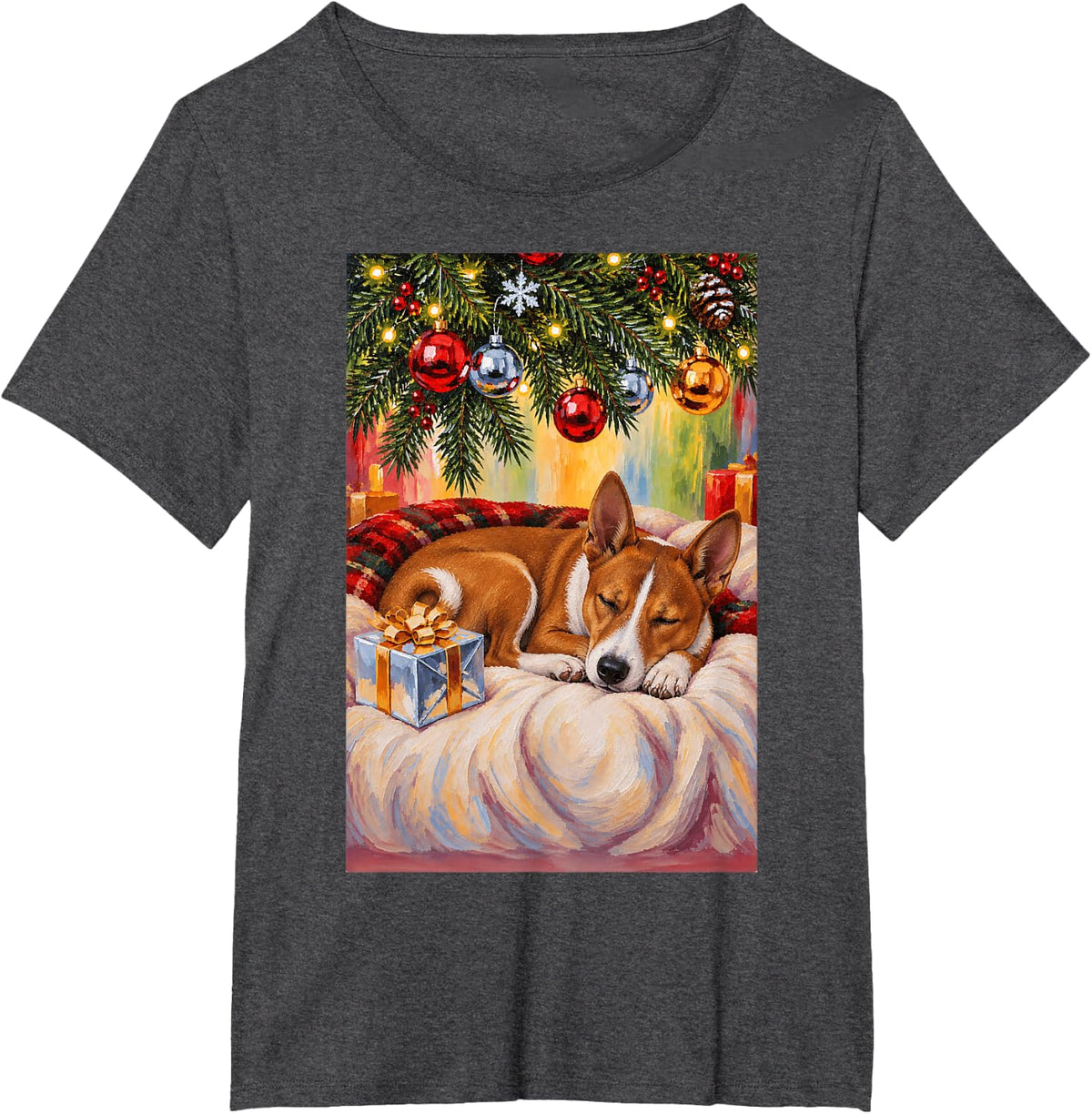 Funny Basenji Dog Sleeping Christmas Tree T-Shirt - Dark Heather Grey