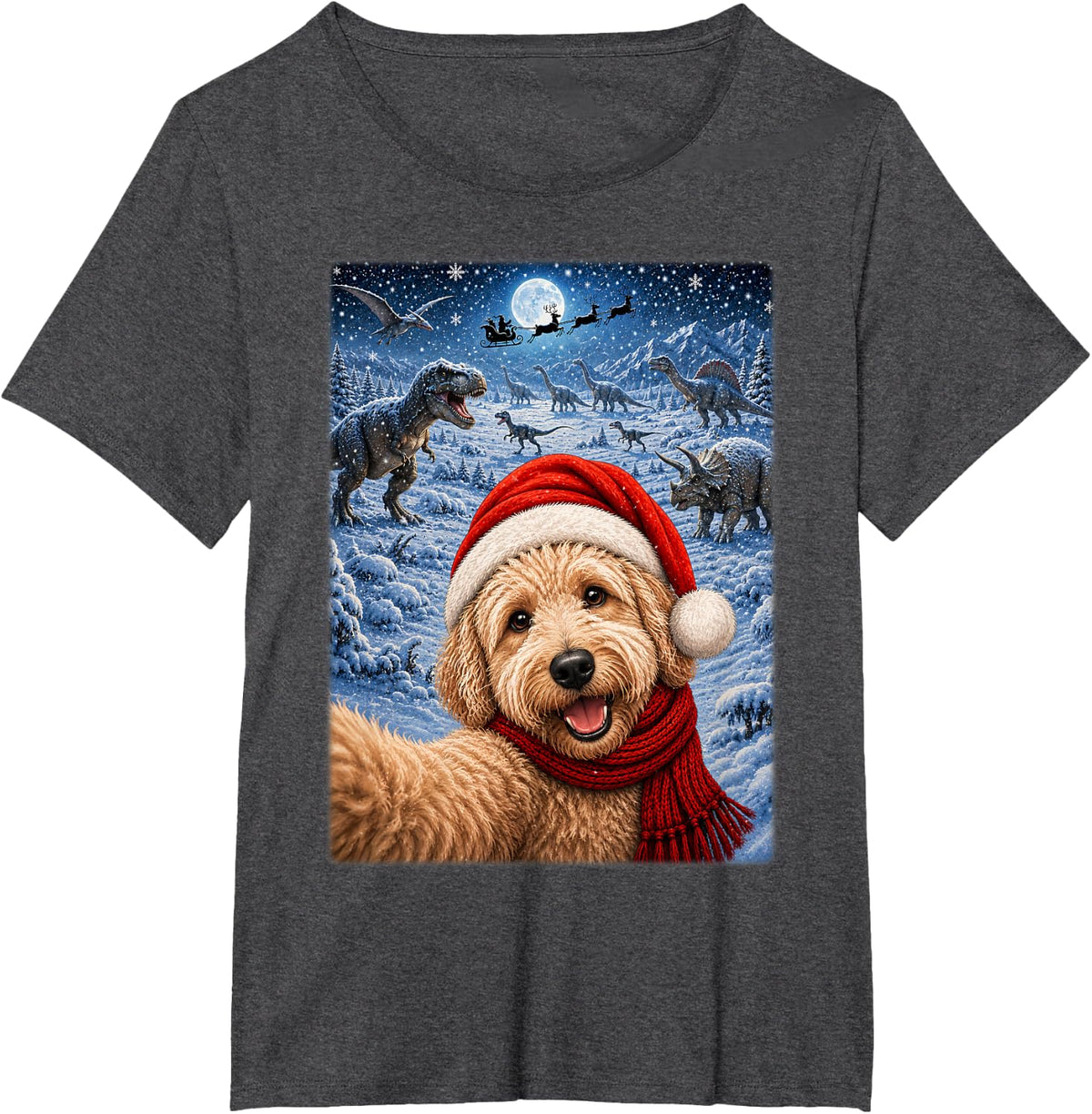 Goldendoodle Dog Christmas Moon Night Starry Dinosaurs Xmas T-Shirt - Dark Heather Grey
