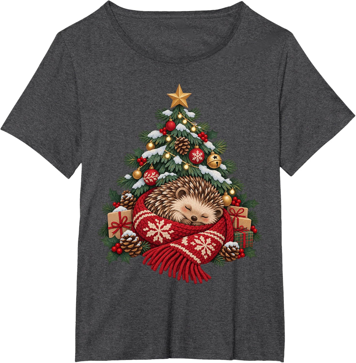 Hedgehog Tree Nap Christmas Animal T-Shirt - Dark Heather Grey