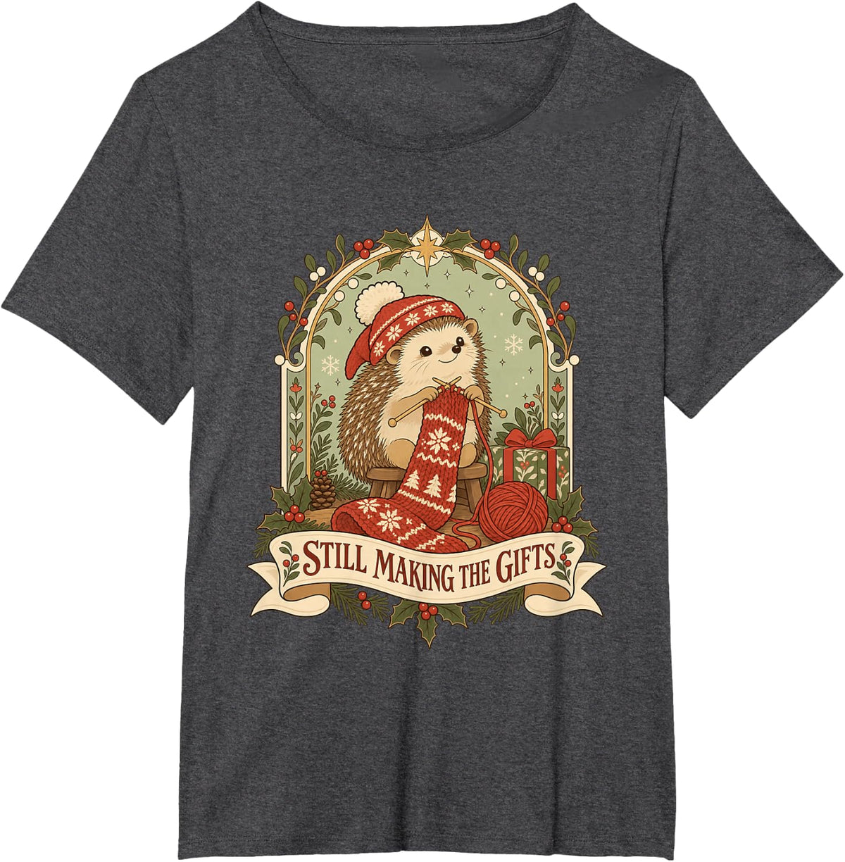 Christmas Knitting Hedgehog, Funny Last Minute Knitter Joke T-Shirt - Dark Heather Grey
