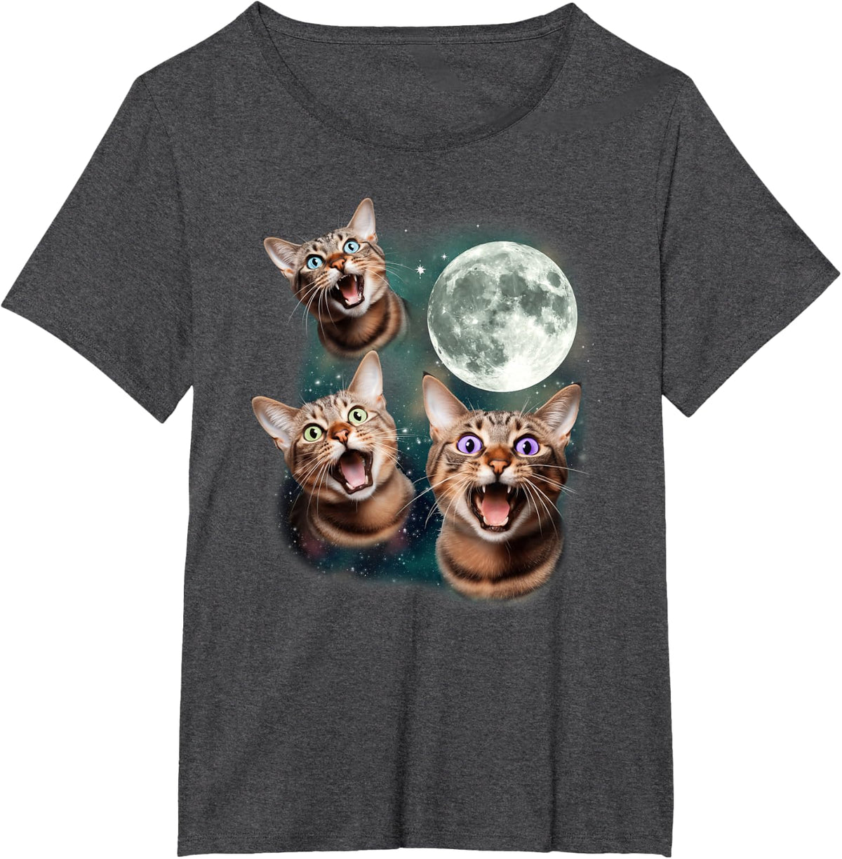 Three Tabby Cat Moon | 3 Kitten Howling Dead Moon Magic Meme T-Shirt - Dark Heather Grey