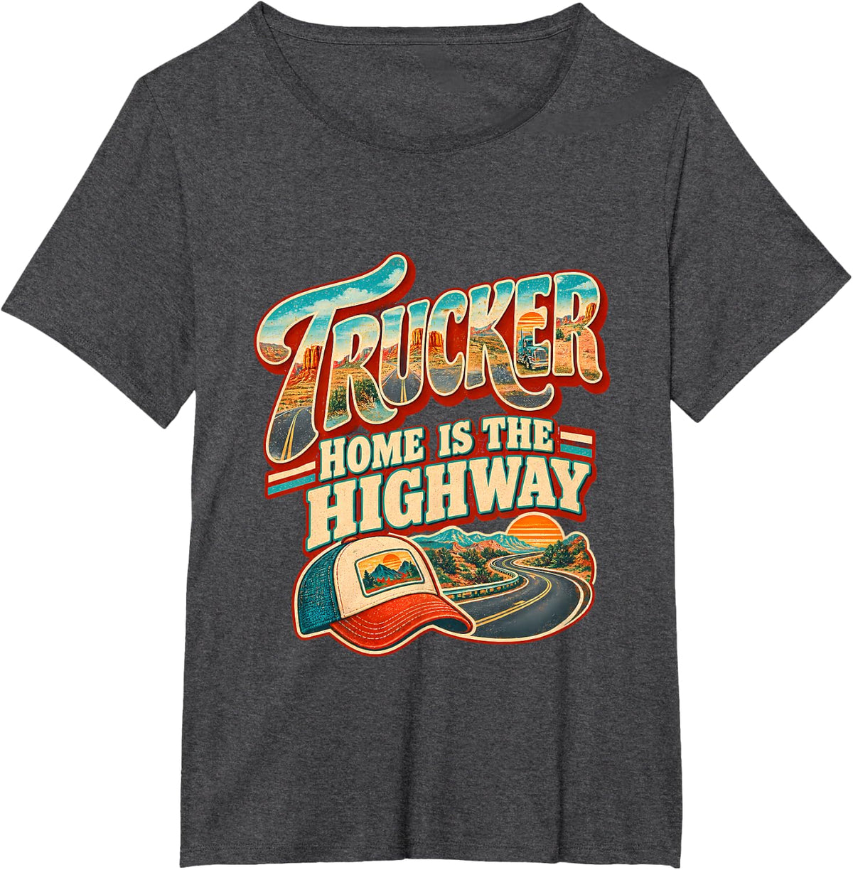 Trucker Home is The Highway Mother Road Vintage Retro T-Shirt - Dark Heather Grey