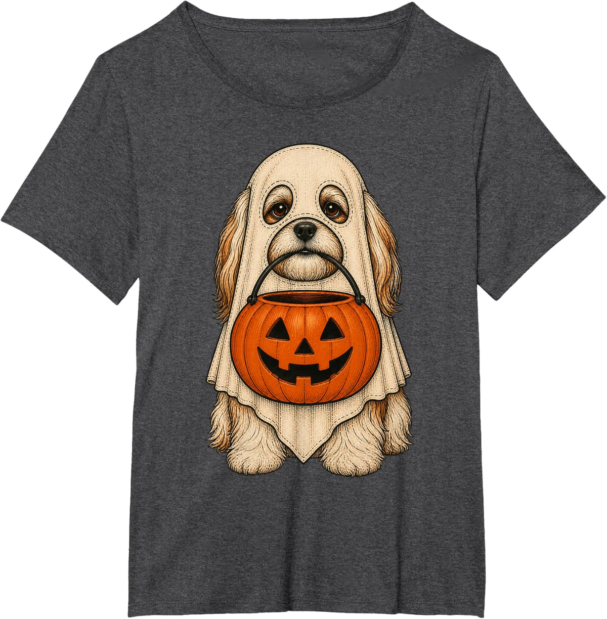 Spooky Shih Tzu Pumpkin Ghost Halloween Dog Lover T-Shirt - Dark Heather Grey