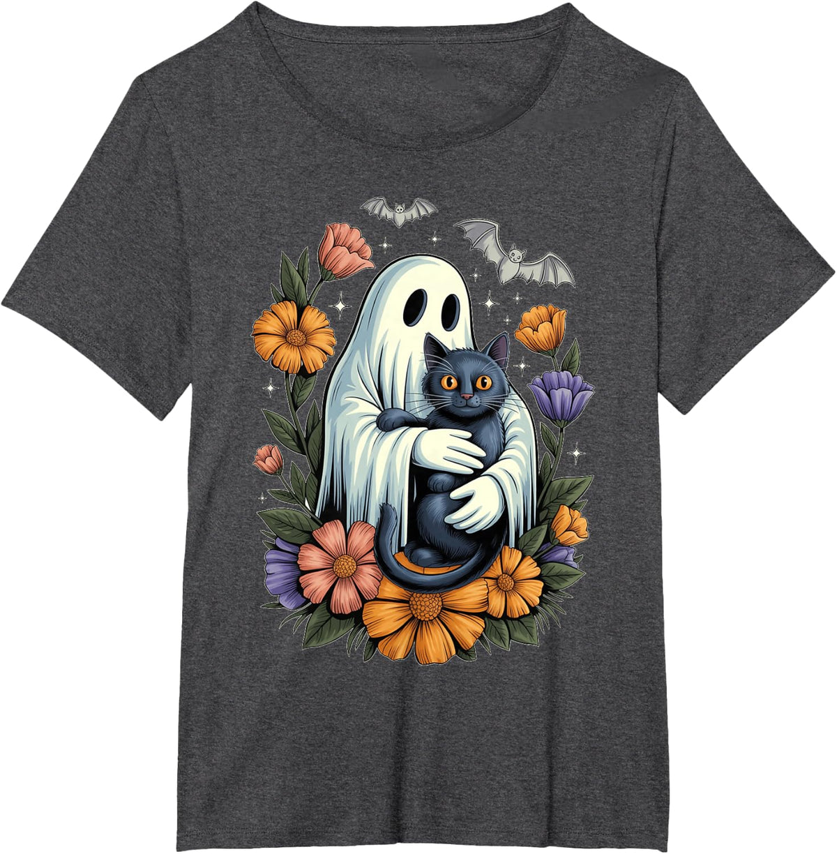 Vintage Halloween Spooky Ghost with Black Cat and Boo Floral T-Shirt - Dark Heather Grey